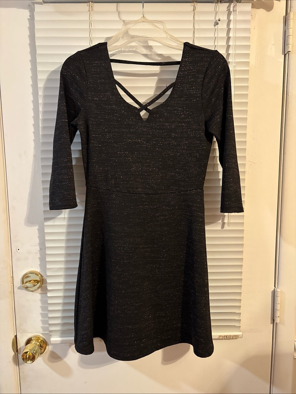 Three Pink Hearts black glitter 3/4 length sleeve knee length dress Women Small